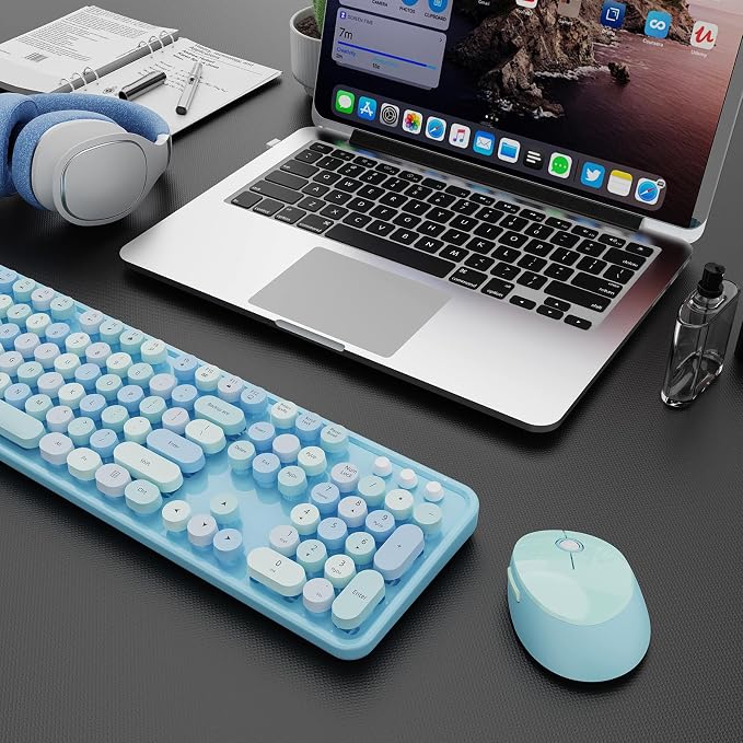 Wireless Keyboard and Mouse Combo, Ergonomic Full Size Typewriter Retro Round Keycaps Keyboard, Compatible with Windows, PC, Perfer for Home and Office Keyboards (Blue