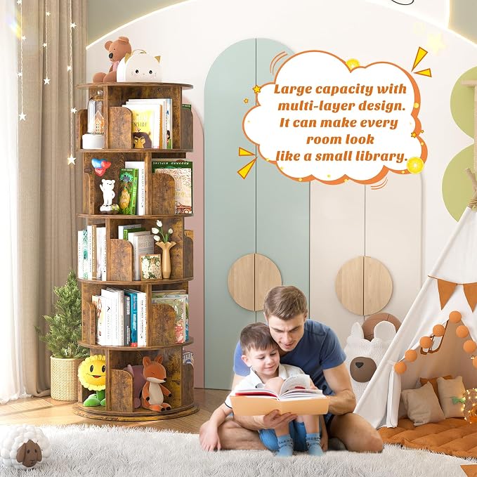 Aheaplus Rotating Bookshelf, 360 Display Wood Spinning Bookshelf Tower, 5 Tier Floor Standing Bookcase Storage Rack, Revolving Bookcase Corner Bookshelfs for Small Space, Study, Bed Room, Rustic Brown