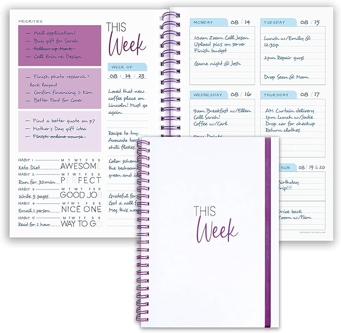 Weekly Planner Spiral Bound Notebook A5 - Undated Planner - To Do List Notebook - Habit Tracker - 52 Weeks - Daily Planner Undated for Home Work Office Business - Cute Goal Planner (Purple)