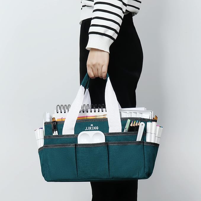JJRING Craft Organizer Tote Bag for Art Storage, Caddy with Multiple Pockets, Bluish Green Sewing Bag for Scrapbooking, School, Medical, and Office Supplies