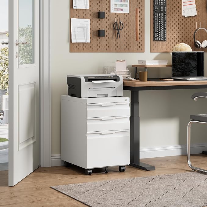 Bestoo Mobile File Cabinet with Lock, 3 Drawer Filing Cabinet, Under Desk Metal Rolling Filing Cabinets for Home Office, Fits Letter/Legal/A4 Size File, Easy Assembly