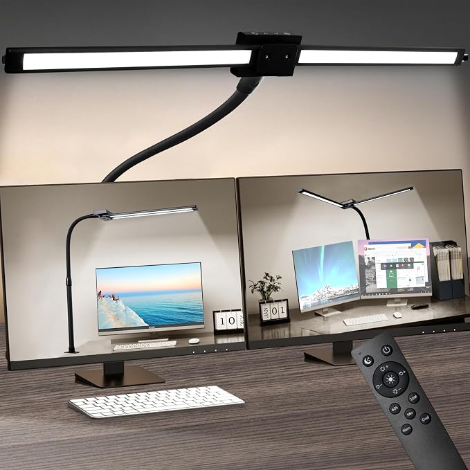 BAYSQUIRREL Led Desk Lamp with Clamp, Gooseneck Remote Control Desk Light with Eye Protection, 24W Ultra Bright Stepless Dimming and Tempering LED Desk Lamp for Home Office, Bedroom, Study