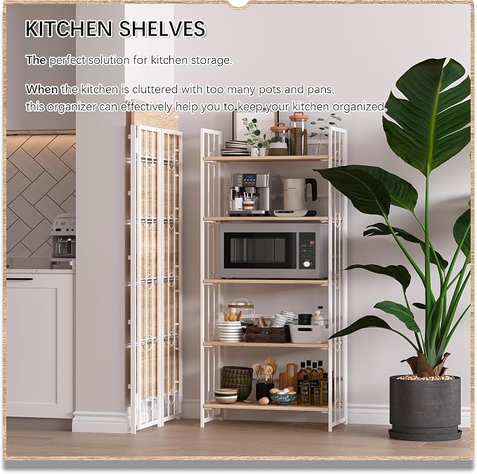 4NM No Assembly 5 Tiers Folding Bookshelf, 59.4" H Foldable Storage Shelves Vintage Bookcase Standing Racks Study Organizer Home Office - Natural White