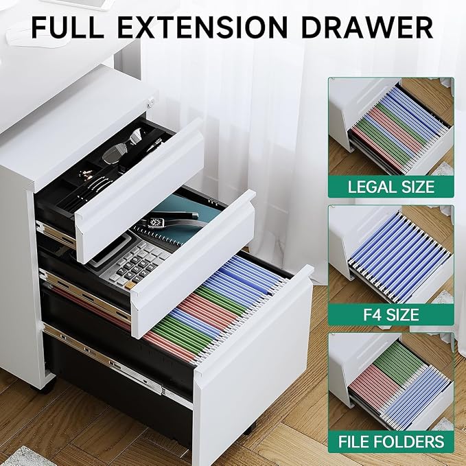 Letaya 3 Drawer Mobile File Cabinet with Lock, Under Desk Metal Rolling Filing Cabinets for Home Office Organizer Letters/Legal/A4 (White- Requires Installation) (White)