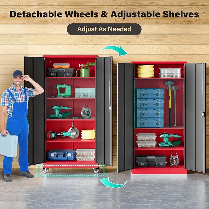 SISESOL 75" Tall Metal Storage Cabinet with Wheels,Rolling Garage Storage Cabinet with Lock,Red Metal Cabinets on Wheels,Locking Tool Cabinets on Wheel for Garage,Home,Office,Shop
