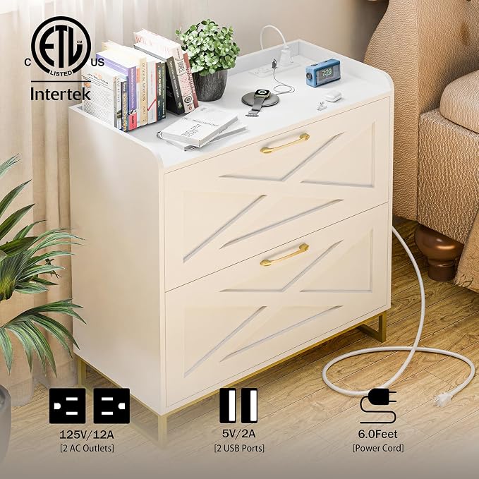 Lateral File Cabinet 2 Drawer File Cabinet with Charging Station for Legal/Letter/A4 Size Hanging Files, Modern Farmhouse Large Wood File Storage Cabinet for Home Office Furniture(White and Gold)