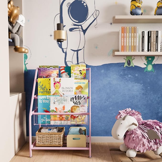 aboxoo Kids Bookshelf Small Toddler Freestanding for Children Room 18 inches Metal Bookcase Toy Organizer Pink Stable Bookcase Bookstore Library Book Unit Storage for Small Place
