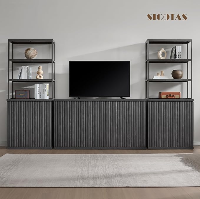 SICOTAS Fluted Book Shelf with Doors - 75" Tall Bookshelf with Storage 6 Tier Large Bookcase with Bottom Cabinet - Modern Metal Book Case for Living Room, Home Office, Kitchen and Library, 1 Piece