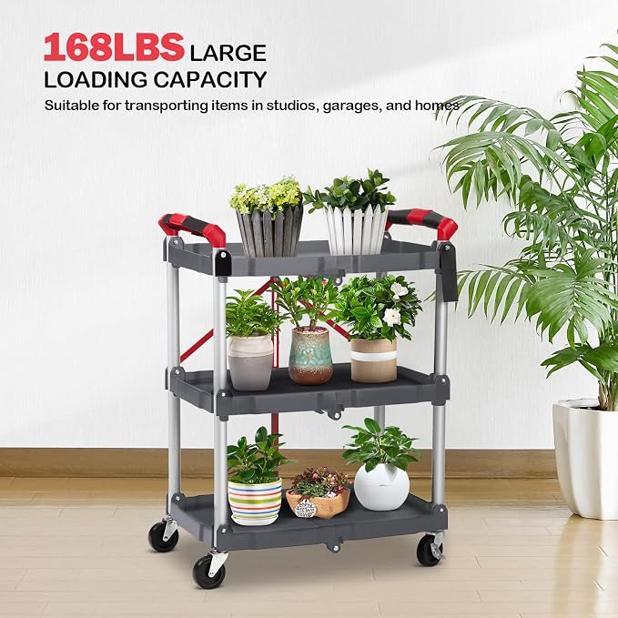 Garvee Collapsible Folding Utility Cart with Wheels, 3 Tier Rolling Service Cart for Kitchen, Office, Shopping, Garage