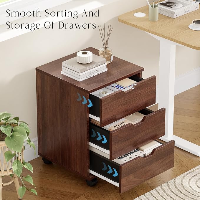 Farini 3-Drawer Under Desk Wooden File Storage Cabinet with Lockable Caster for Home Office,Brown,Required Assembly