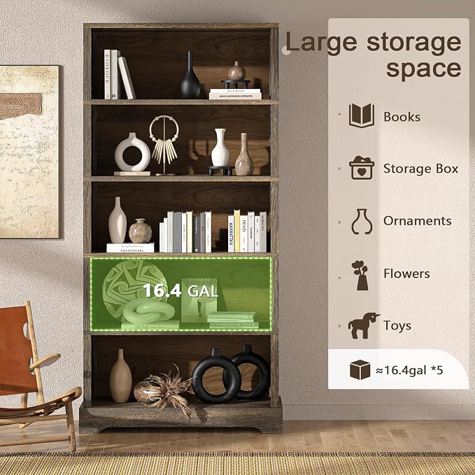 TVU 5-Tier Solid Wood Book Shelf, Floor Standing Bookcase, 65" H × 31.5" W × 11.8" D Bookshelf, Farmhouse Style Book Case with Arched Base, Suitable for Living Room, Study, Office, Walnut