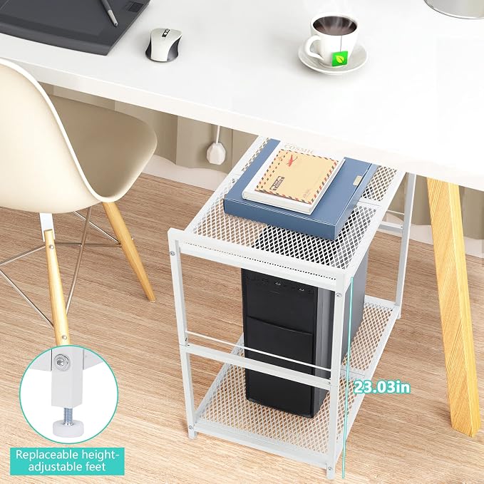YBING Computer Tower Stand White PC Tower Stand 2 Tier CPU Holder with Wheels Metal Mobile Computer Tower Cart Rolling PC Cart Floor for Fax Home Office