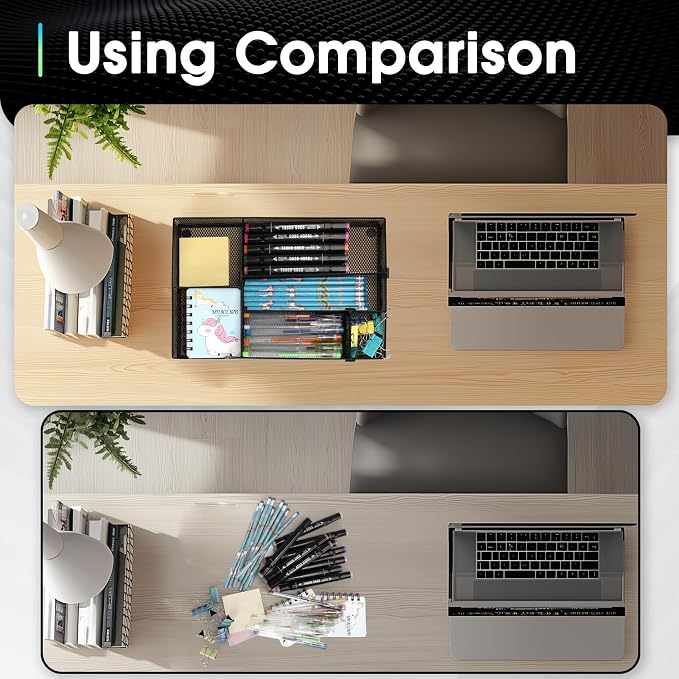 Desk Drawer Organizer Tray, 4 to 6 Grid Drawer Divider with 2 Adjustable Compartments, Metal Mesh Desk Organizer for Stationery Makeup Kitchen Toolroom School &Office, 12.6x8.26x1.57 in, 2 PCS