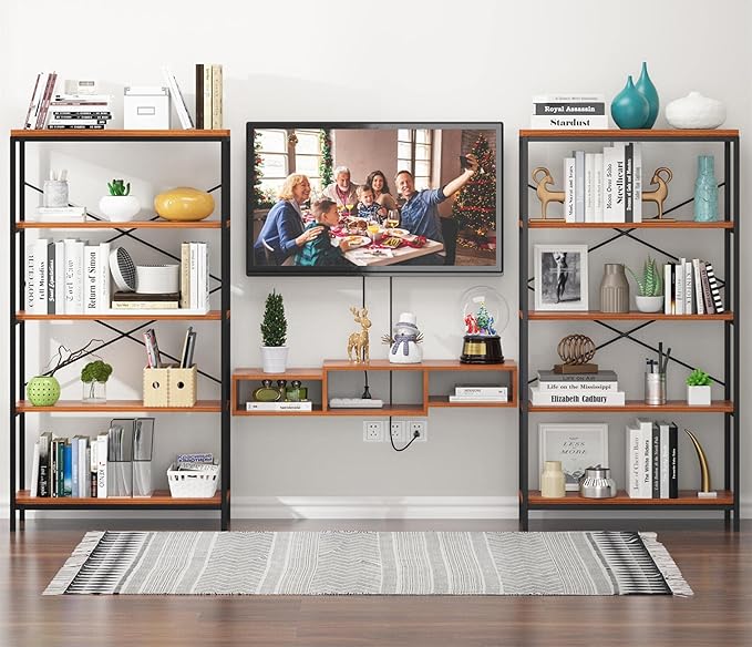 Himimi Industrial Bookshelf 5-Tier Set of 2, Bookcase 58" H Ladder Shelf, Storage Shelves Rack Shelf Unit, Accent Furniture Metal Frame, Home Office Furniture, Vintage Brown（2PCS）