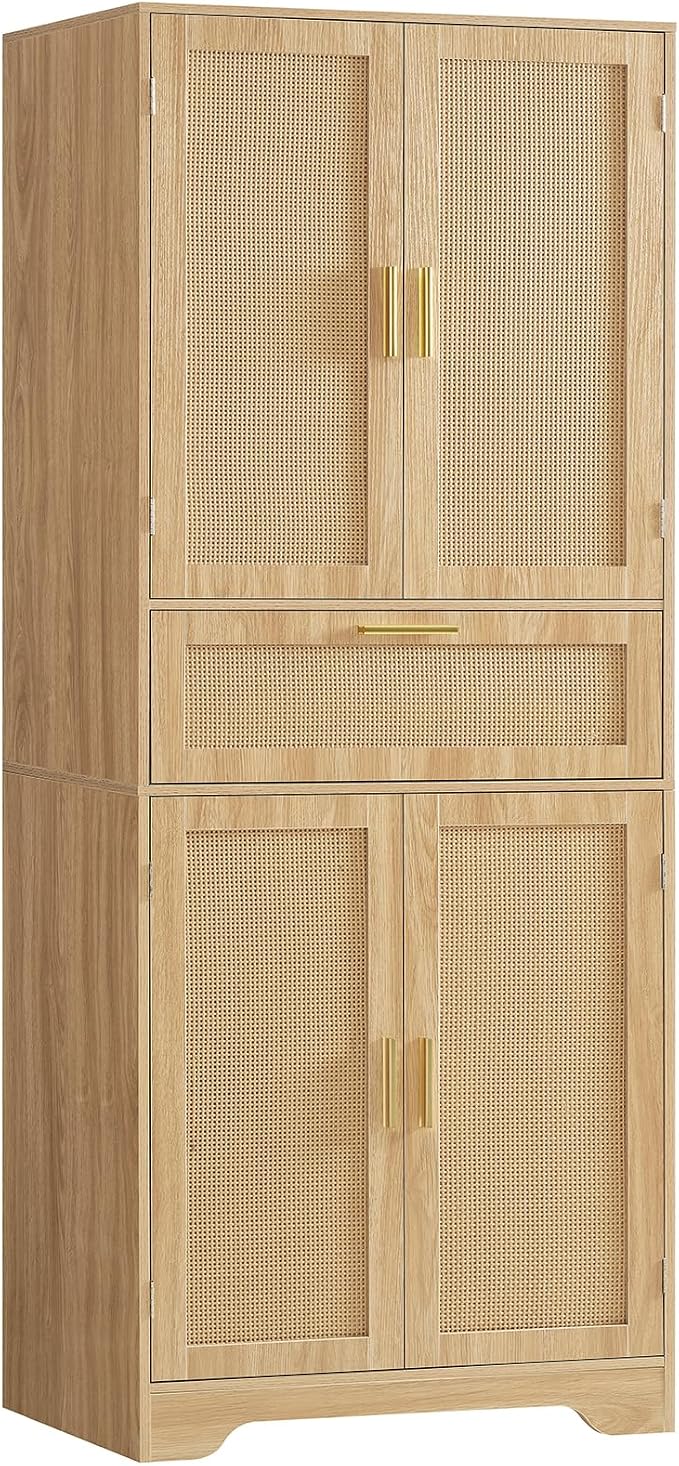 Iwell Tall Storage Cabinet with 2 Adjustable Shelves & Large Drawer, Rattan Cabinet with 4 Doors, Pantry Cabinets for Dining Room, Living Room, Home Office, Natural