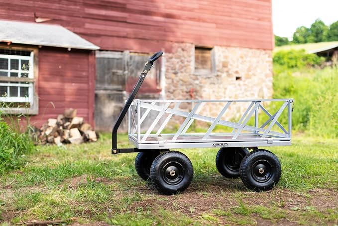 Yard Commander - Heavy Duty 1200lb Steel All Terrain Utility Cart, Garden Wagon, 9 cu ft Bed, Easy Assembly, Removable Side Panels, 45° Dump Angle, 2-in-1 Convertible Handle for Towing