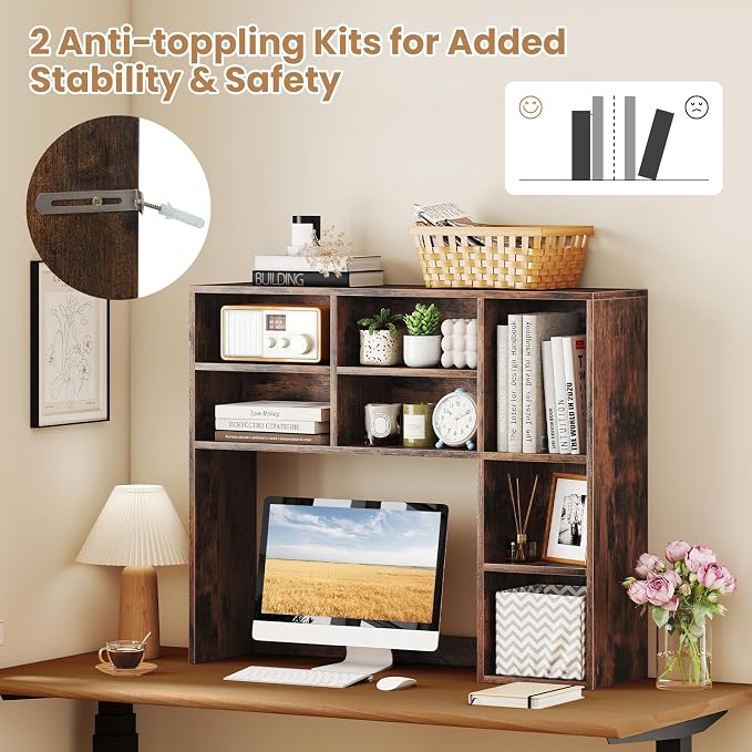 LDAILY Desktop Bookshelf, 37’’ Wood Desk Shelf with 7 Cubes & 3 Adjustable Shelves, 3-Tier Desk Display Rack, Desk Hutch for Dorm College Office Computer Monitor Up to 27’’ (Rustic Brown, 7 Shelves)