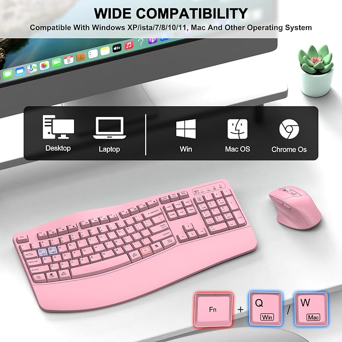 Wireless Keyboard and Mouse Combo, 2.4G Full Size Wave Keys Ergonomic Keyboard with Wrist Rest and 3-Level DPI Adjustable Wireless Ergonomic Mouse for Windows, Mac OS Desktop/Laptop/PC(Pink)