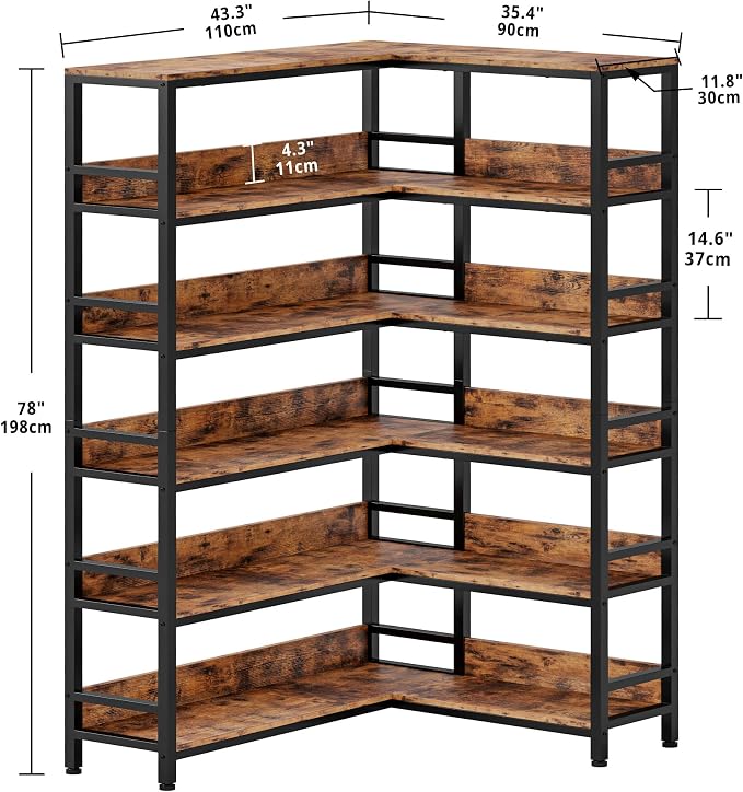 IRONCK Corner Bookshelf 6 Tiers, Industrial Corner Bookcase with Baffles Etagere, L Shaped Bookshelves with Metal Frame, Corner Shelf Storage Rack for Living Room Home Office
