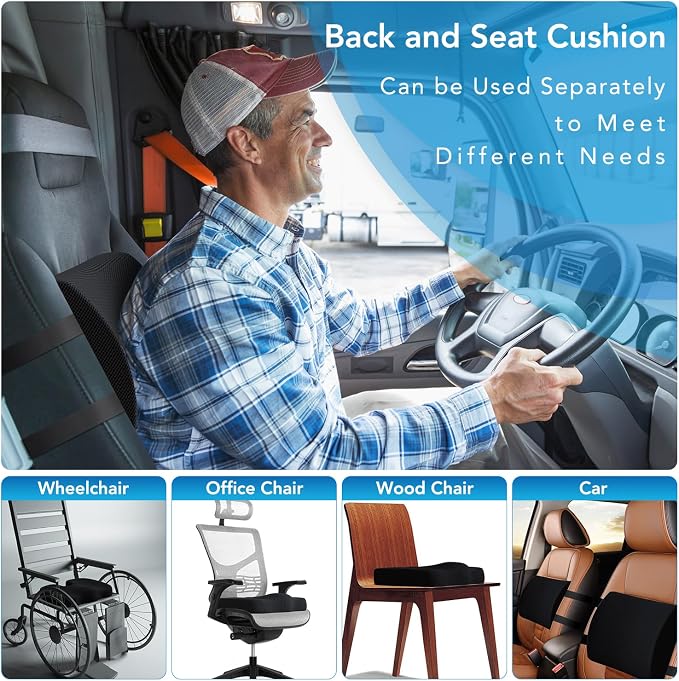 Seat Cushion & Lumbar Support Pillow for Office Chair, Car, Wheelchair Memory Foam Desk Chair Cushion for Sciatica, Lower Back & Tailbone Pain Relief Desk Pad with Adjustable Strap 3D Washable Cover