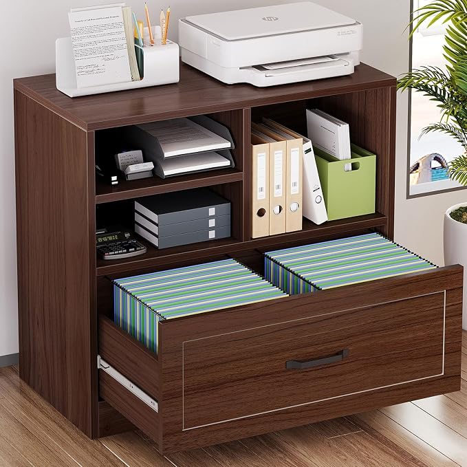 LVB Wood Lateral Filing Cabinet with Drawer, Farmhouse File Cabinet Printer Stand with Storage Shelves, Printer Cabinet Fits A4 Letter Legal Size with Hanging File Folder for Home Office, 32.7" Walnut