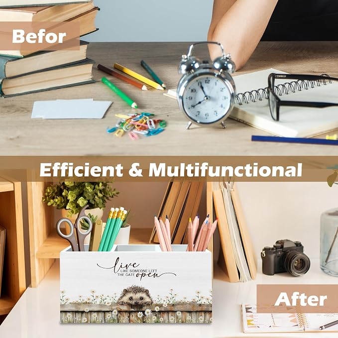 DILSJ Hedgehog Inspirational Pen Pencil Holder Organizer For Desk, Hedgehog Gifts, Rustic Floral Live Like Someone Left The Gate Open Wooden Box Signs For Home Office Desk Tabletop Decoration