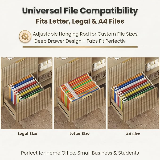 Filing Cabinet for Home Office, Fluted Wood File Cabinet with 2 Drawers Fit Letter/Legal/A4 Folders with Tabs, 43.3"W Printer Stand with Lock & 2 Power Outlets, 6 Storage Shelves (Natural Oak)