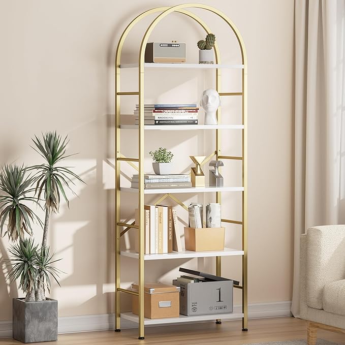Shintenchi Bookshelf, Arched Bookshelf 5 Tier Bookcase Shelf for CDs/Books, Home Office Bookcase Shelf Storage Organizer, Modern Book Shelf for Bedroom/Living Room, Gold