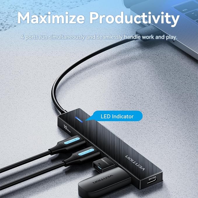 VENTION 10Gbps USB 3.2 Hub, USB Hub with 4 USB A 3.2 Ports, USB 3.2 Gen 2 Splitter USB Expander for Chromebook Surface Pro 3 iMac PS4 Laptop Xbox Flash Drive