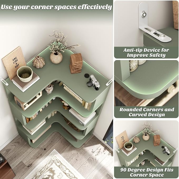 Armocity Corner Book Shelf - 5 Tier Corner Bookshelf Etagere Bookcase with Baffle, Freestanding L Shaped Display Shelf Stand for Home Office, Living Room, Bedroom, Kitchen, Crab Green