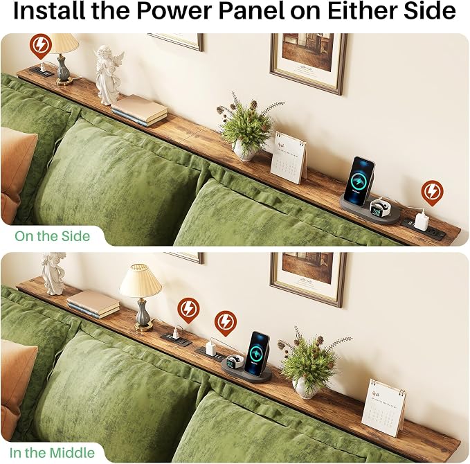 Kitstorack 102.3" Extra Long Behind Couch Table, Adjustable Height Narrow Console Table with 2 Power Strips, Split Design for Separate Wall Use, Anti-Scratch Tip, Rustic Brown for Living Room
