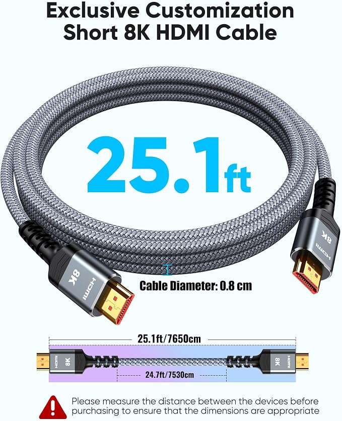 Highwings Long 8K HDMI Cable 25FT 48Gbps, 2.1 High Speed Gaming Cord 4K@120Hz 8K@60Hz RTX 3090 eARC 3D Compatible for PS5, UHD TV and Blu-ray Player
