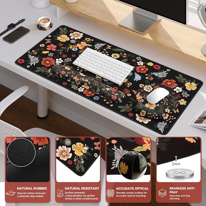 iCasso Desk Cover Mat, 4in1 Floral Large Mouse Pad with Wrist Rest, Desk Matt for Desktop, Anti-Slip XXL Big Computer Ergonomic Mousepad with Wrist Support for Keyboard and Mouse (Flowers)