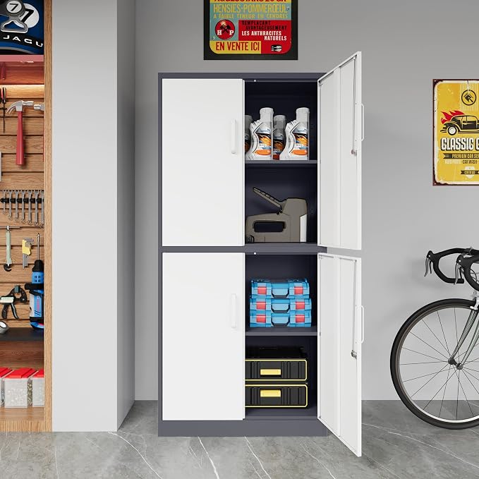 STANI Metal Storage Cabinet, Locking Steel Cabinet with 4 Doors and 2 Adjustable Shelves, 71" Tall Steel Cabinet for Home Office, Garage, School (Grey+White)