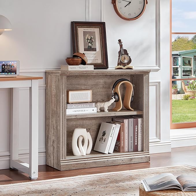 RWYHG 30" Grey Bookshelf Set of 4,2-Tier Thick Wood Book Shelf with Adjustable Shelve,Free Standing Farmhouse Bookcase with Open Display Storage,Floor Vintage Bookshelves for Living Room,Office