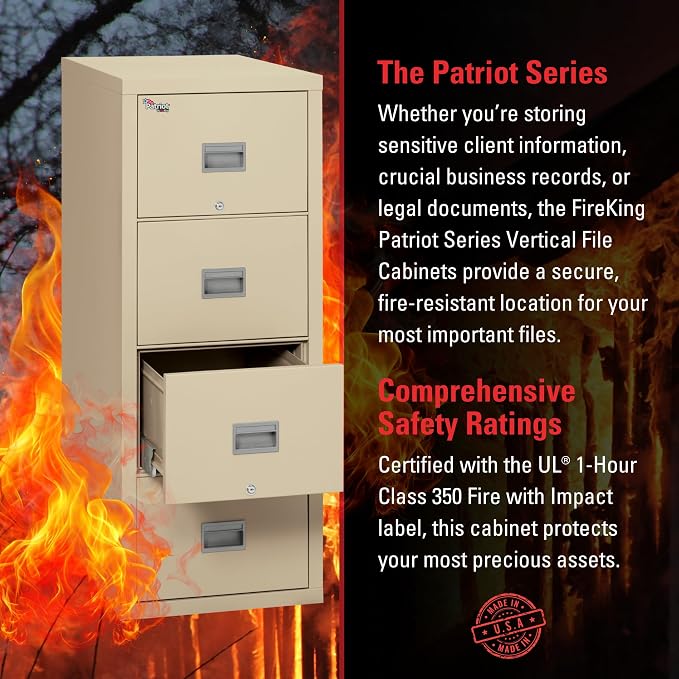 FireKing Patriot Vertical 4 Drawer Legal & Letter Fire Safe File Cabinet, Key Lock, 1 Hour Fire Rated UL Rated & Water Resistant, USA Made, Parchment