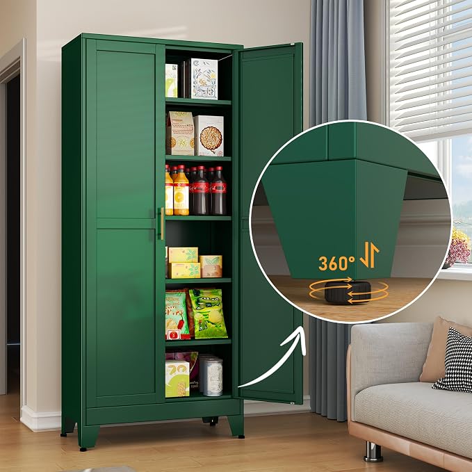 Green Metal Storage Cabinet,75" Steel Cabinets for Home Office, Kitchen Pantry Storage Cabinet with Doors and 5 Adjustable Shelves, Tool Cabinets, for Office, Home, Garage, School