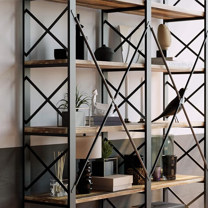 IRONCK Bookshelves Double Wide 6-Tier 76" H, Open Large Bookcase, Industrial Style Shelves for Home Office, Easy Assembly