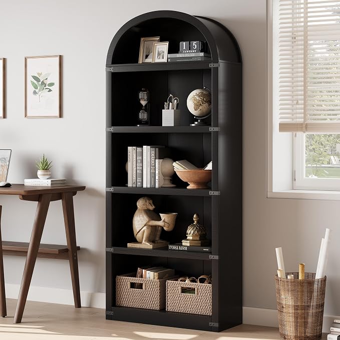 GarveeHome Bookcase 5 Shelf Arched Bookshelf 71.65 in Tall Bookcase Farmhouse Display Storage Rack Wooden Bookshelves for Home Office, Living Room