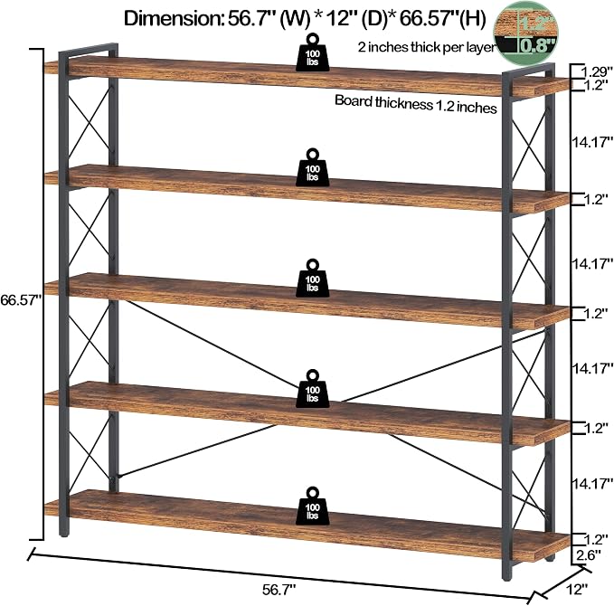HCHQHS Large Bookshelf, 5-Tier Long Industrial Bookcase, Rustic Brown Book Shelf, Freestanding Horizontal Bookshelves with Metal Frame
