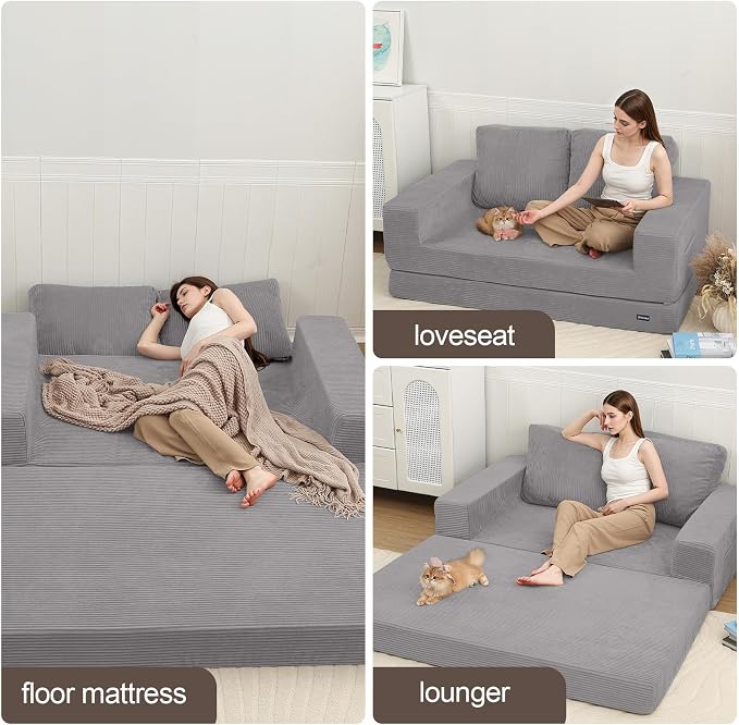 COMAX Convertible Sofa Bed Queen, Folding Fold Out Couch Bed, Floor Futon Couch Corduroy with Back Pillows, Boneless Sofa Comfy Lounge Sleeper Mattress Loveseat for Living Room Bedroom, Light Grey