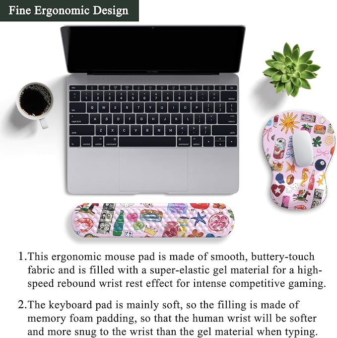 Cute Mousepad with Wrist Rest for Computer Keyboard Mouse Pad Ergonomic Pink Kawaii Mousepad, Best Desk Decor Office Girls Pink Desk 2-in-1 Wrist Support Mouse Pad, Soft Gel Material Anti Slip Bottom