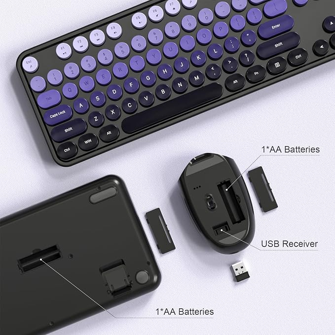 Dilter Wireless Keyboard and Mouse Combo, 104 Keys Full-Sized Typewriter Keyboards, 2.4 GHz USB Receiver Plug and Play for Windows, PC, Laptop, Desktop (Black Purple)