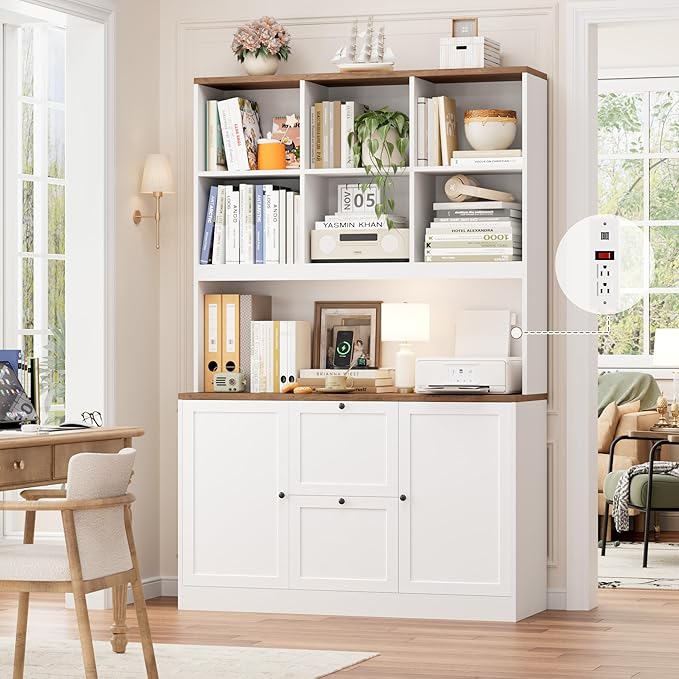 HIFIT 72'' Tall File Bookcase with Power Outlet & Printer Stand, 2 Drawer Filing Cabinets for Home Office Fit Hanging A4 File, Storage Cabinet w/ 3 Tier Open Book Shelf & Doors for Living Room, White
