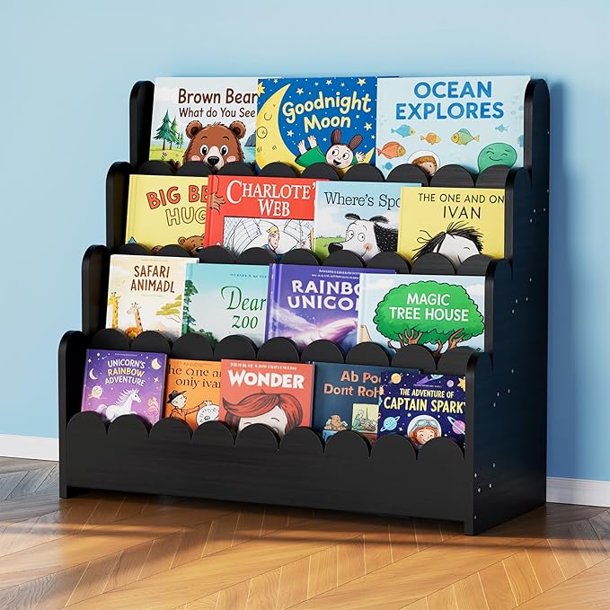 SpaceAid 4-Tier Scalloped Bookshelf, Montessori Bookcase for Toddlers, Wooden Book Shelf Organizer Display Furniture for Kids Rooms, Playroom, Nursery and Classroom, 29.6“ Wide, Black