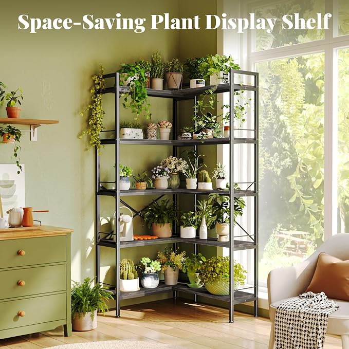 Huuger 5 Tier Bookshelf, L Shaped Corner Bookshelf with 10 Open Shelves, 49.4 Inch Straight Wide Bookcase with Metal Frame and Wooden Board, Adjustable Feet, Grey