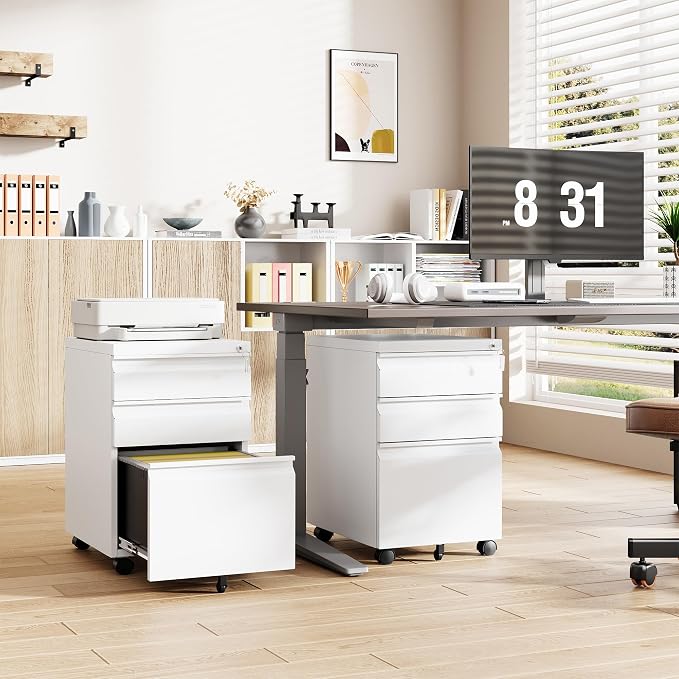 3 Drawer Mobile File Cabinet with Lock,Under Desk Filing Cabinet for Home Office, Metal Filing Cabinets on Wheels for Legal/Letter/A4 File, Fully Assembled Except Wheels, White