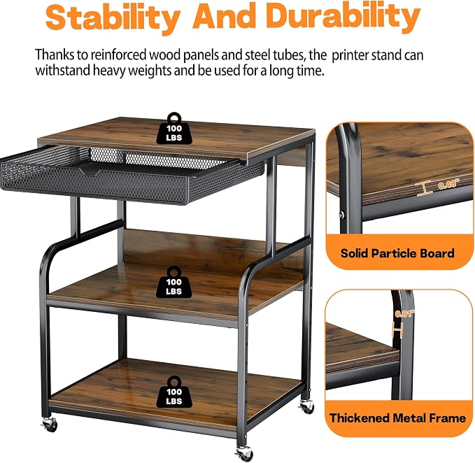 Large Printer Stand with Storage Shelf, 23.6''x18.9'' Rolling Printer Cart Holder with Lockable Wheels, 5-Adjustable Heights, 3D Scanner Fax Printer Table for Home Office Use, Large