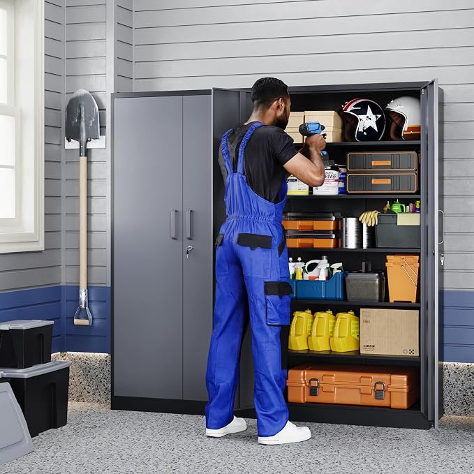 Yizosh Metal Garage Storage Cabinet with 2 Doors and 5 Adjustable Shelves - 71" Steel Lockable File Cabinet,Locking Tool Cabinets for Office,Home,Garage,Gym,School (Gray Black)