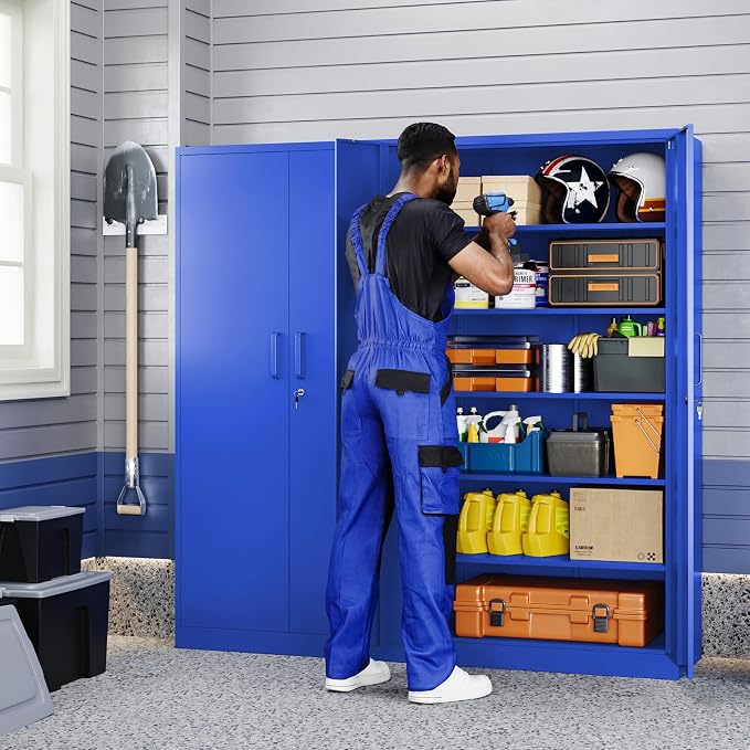Yizosh Metal Garage Storage Cabinet with 2 Doors and 5 Adjustable Shelves - 71" Steel Lockable File Cabinet,Locking Tool Cabinets for Office,Home,Garage,Gym,School (Blue)